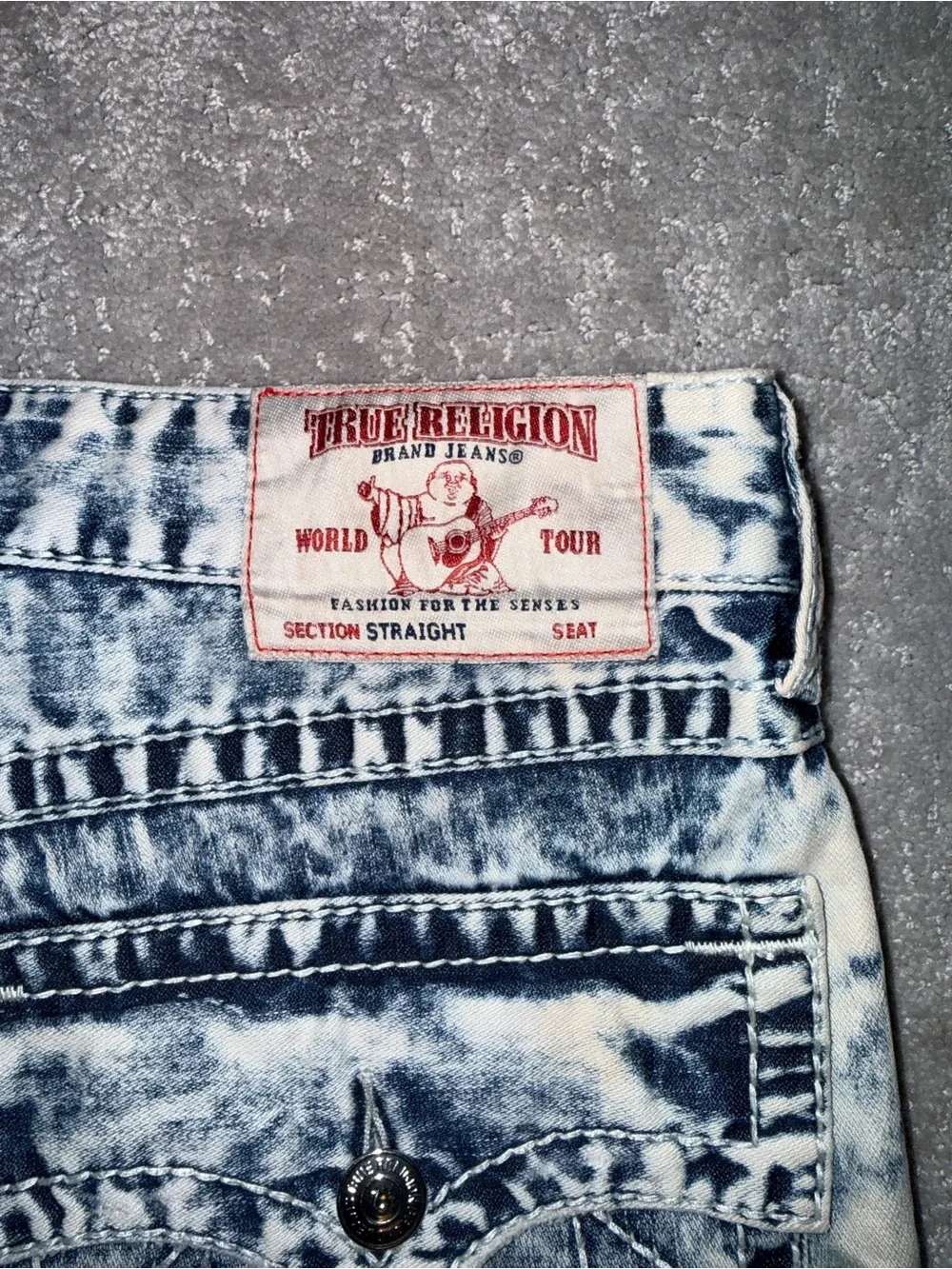 True Religion Acid Wash Jean Shorts - Blue & White
